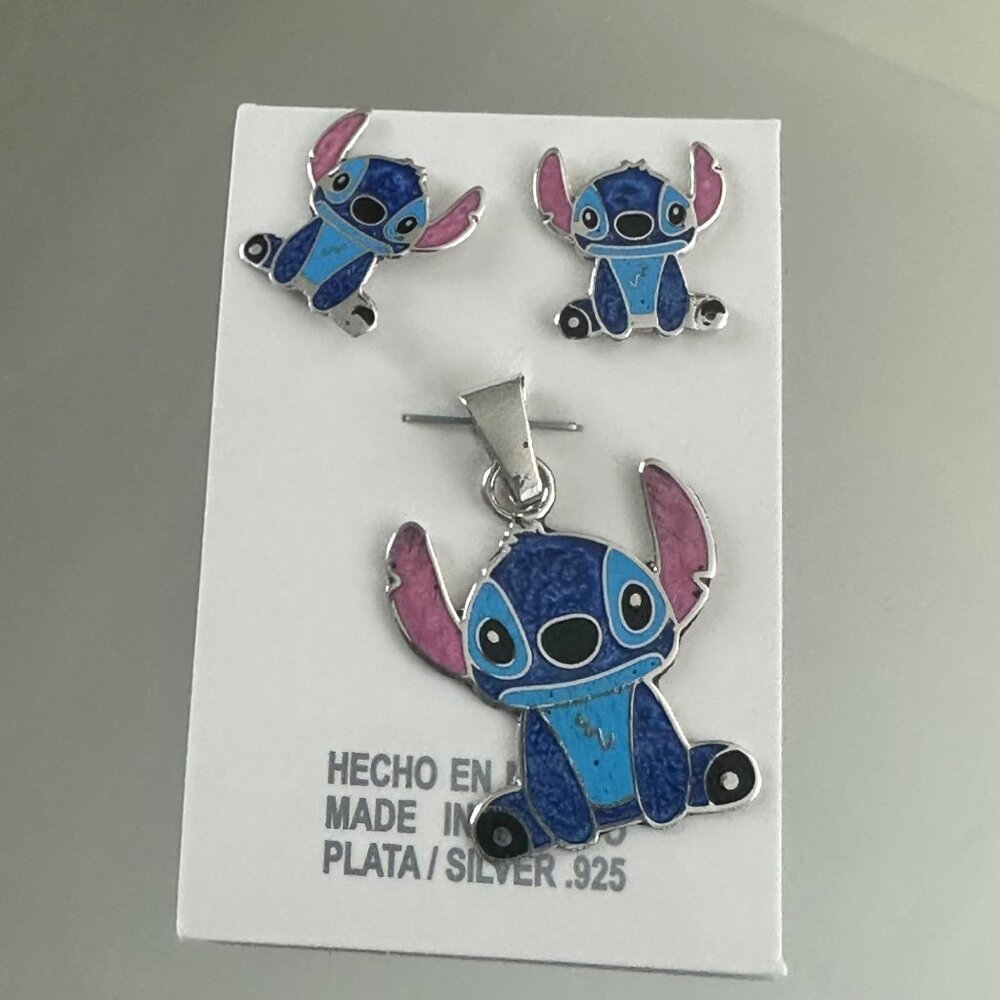 Stitch Cartoon Jewelry Set .925 Silver Pendant & Earrings Handmade In Mexico - Picture 2 of 8